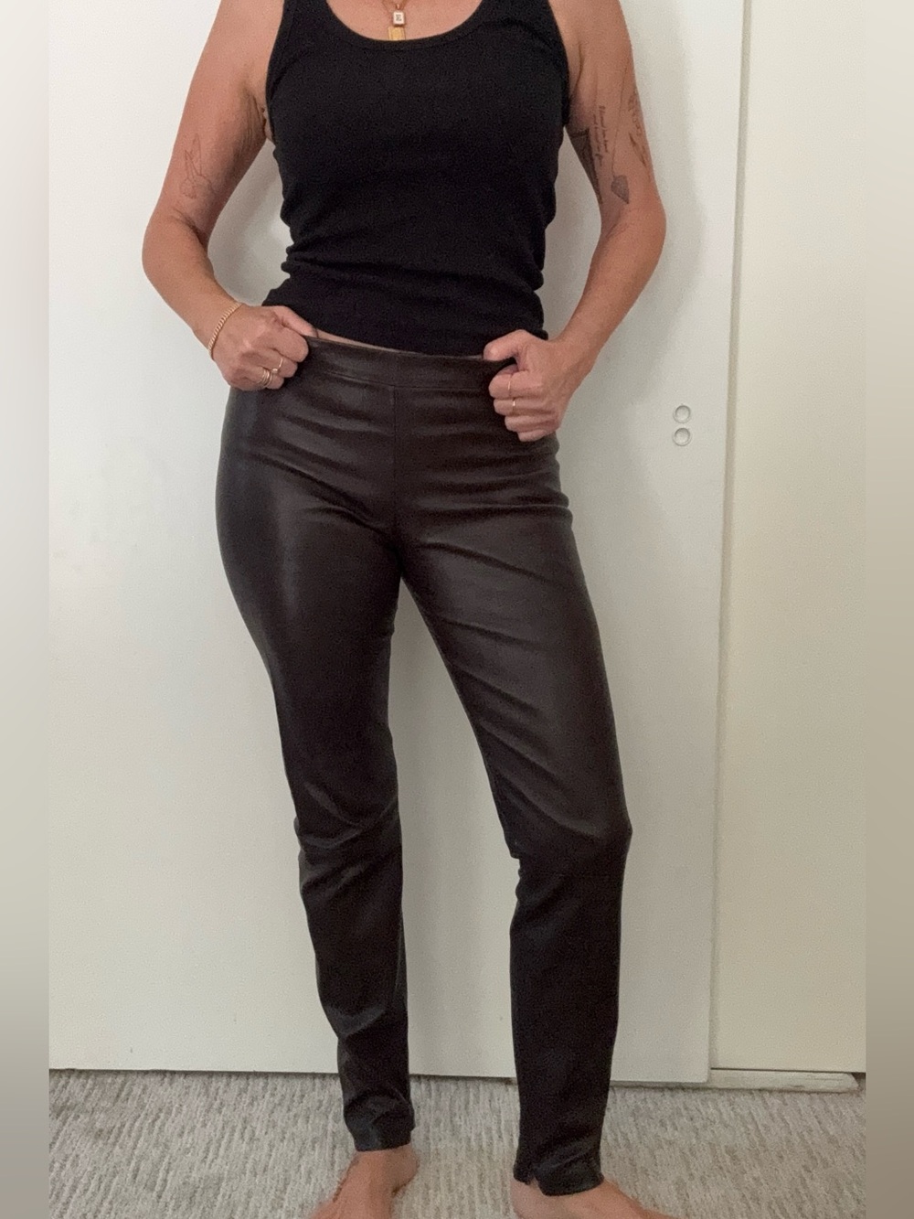 Vince Espresso Brown Leather Skinny Legging Pants Mid-Rise Ankle Length